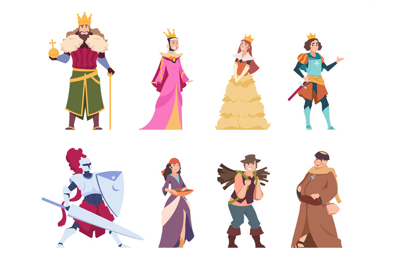 Medieval characters. Flat historical people, king queen prince and pri ...