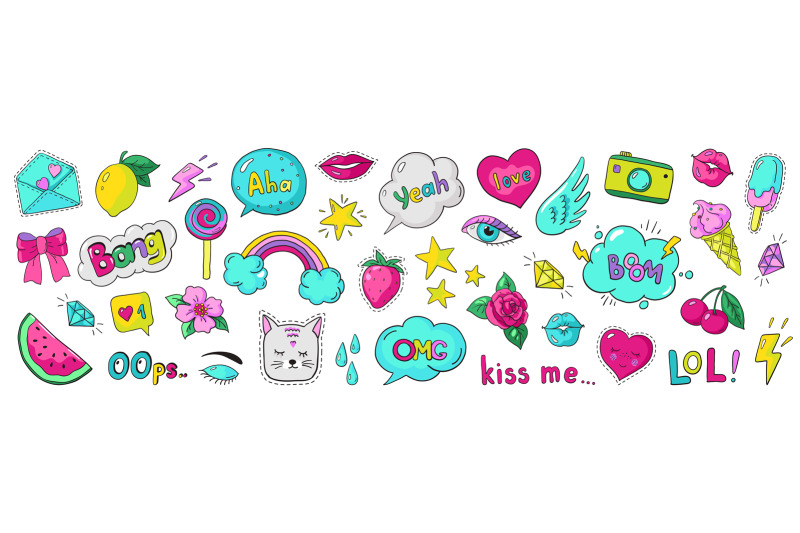 Doodle 90s stickers. Pop art fashion comic badges, trendy cartoon 80s By  SpicyTruffel