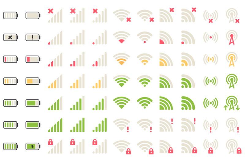 Mobile Level Icons Network Signal Wifi Connection And Battery Levels By Tartila Thehungryjpeg Com