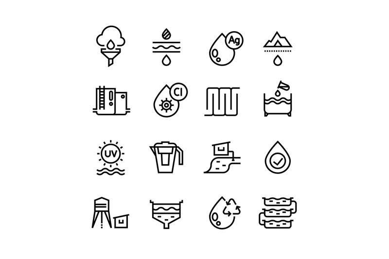 Effluent water treatment. Water purification linear vector icons By ...