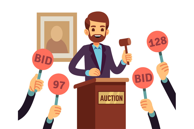 Auction with man holding gavel and people raised hands with bid paddle