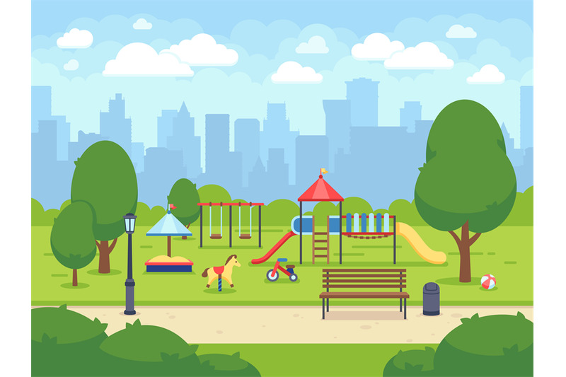 Urban summer public garden with kids playground. Cartoon vector city p ...