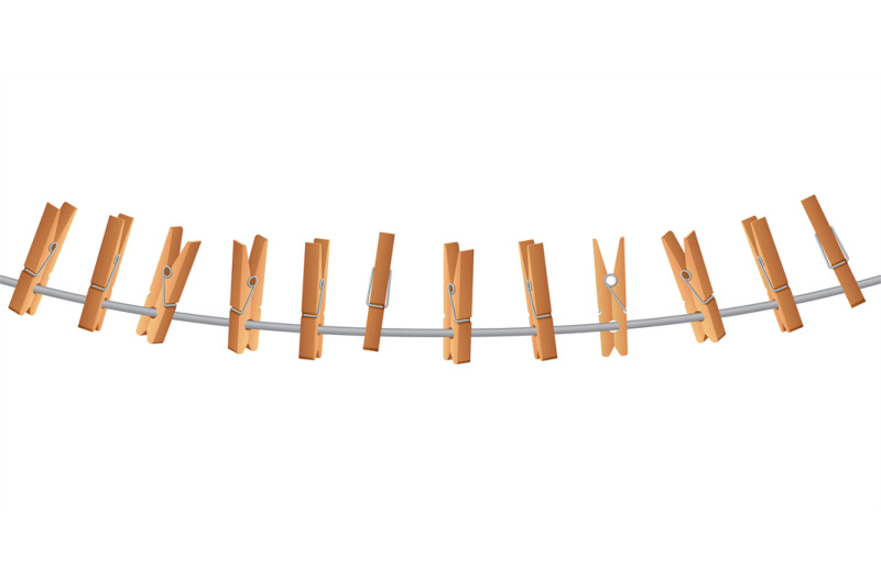 Wooden clothespin on clothes line holding rope vector illustration