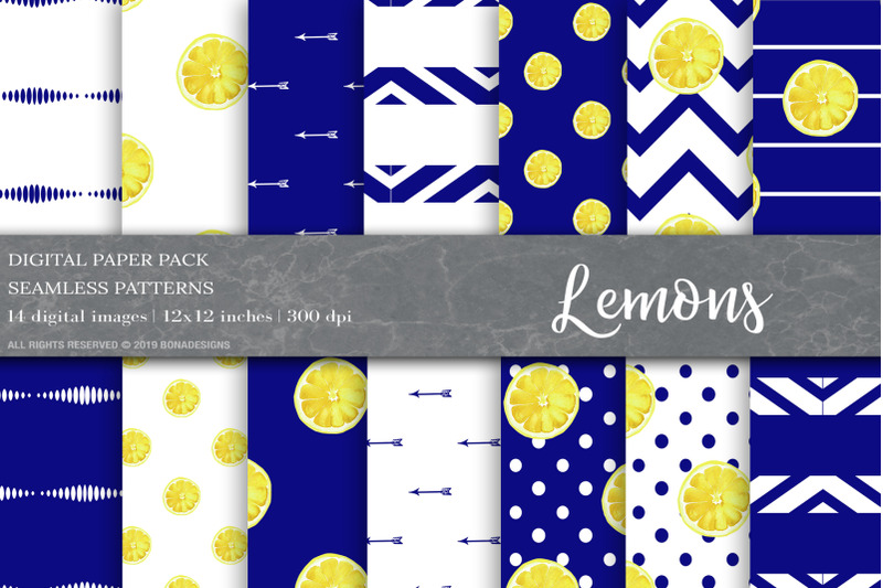 Summer Digital Papers, Lemon Patterns By BonaDesigns | TheHungryJPEG