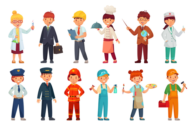Cartoon kids in professional uniform. Doctor children outfit, business