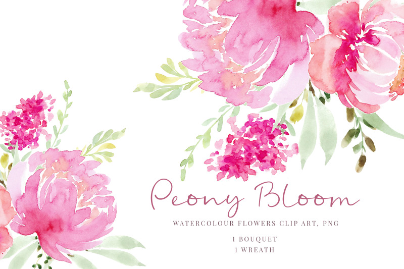 Watercolour clipart, Pink flowers, Peonies and greenery By taningreen ...