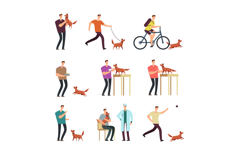 Happy man with dog in daily routine. People and cute lovely pets carto ...