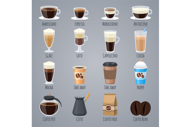 Espresso, latte, cappuccino in glasses and mugs. Coffee types for