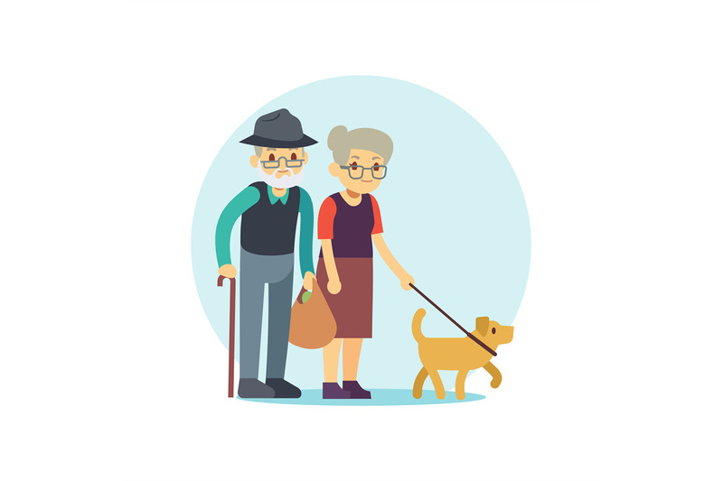 Old couple walking with cute dog. Eldery family cartoon character By  Microvector