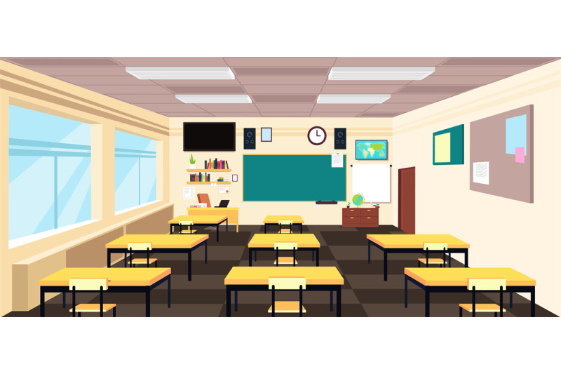 Cartoon empty classroom, high school room interior with desks and blac By  Microvector | TheHungryJPEG