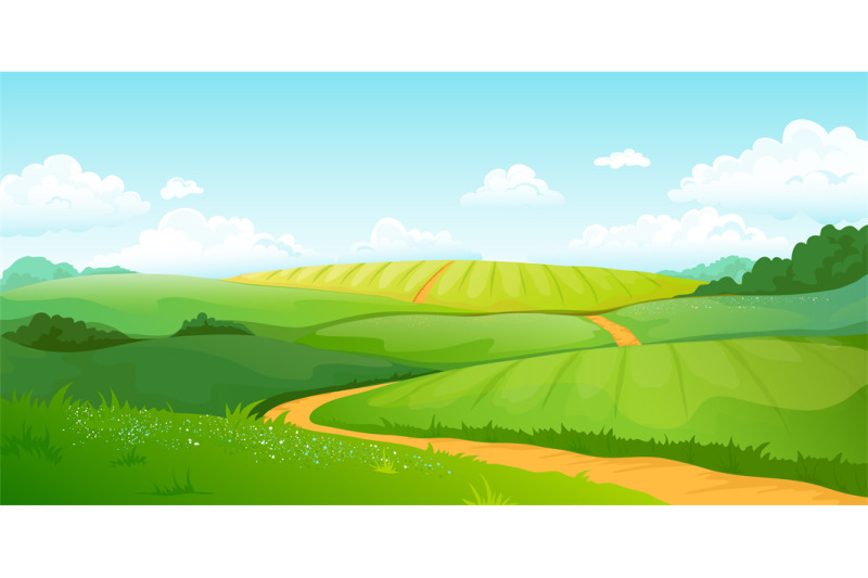 Summer fields landscape. Cartoon countryside valley with green hills b