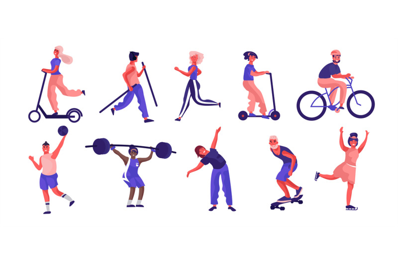 Cartoon people sport activities. Trendy flat characters running riding By  SpicyTruffel | TheHungryJPEG
