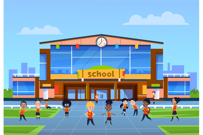 Children at school building. Cartoon kids in uniformy play in yard in By  Microvector | TheHungryJPEG