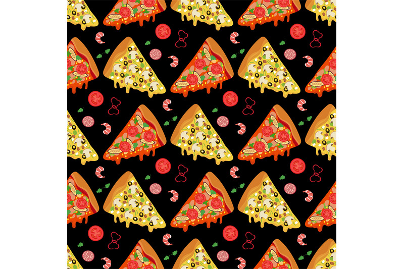 Cartoon pizza slices and ingredients seamless pattern By Microvector |  TheHungryJPEG