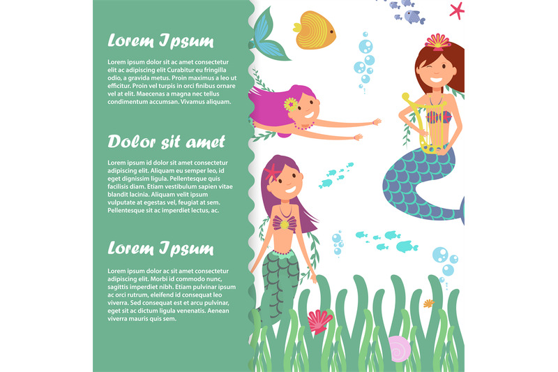 Kids Banner Template With Fish Fairy Mermaids By Microvector