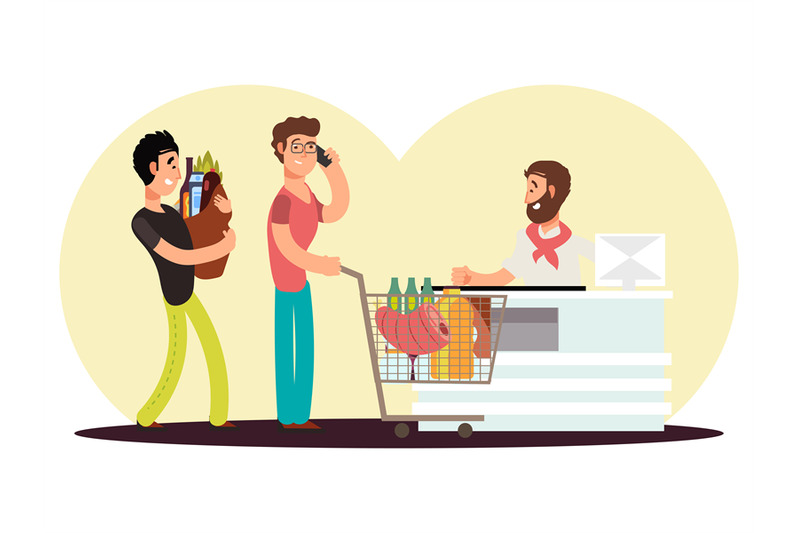 Cash Turn In Food Store Cartoon Character Men Buy Food In Supermarket By Microvector Thehungryjpeg Com