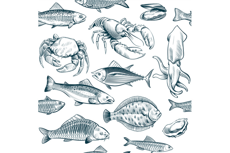 Sketch Seafood Seamless Pattern Oyster Salmon Lobster Shellfish Hand By Microvector Thehungryjpeg Com