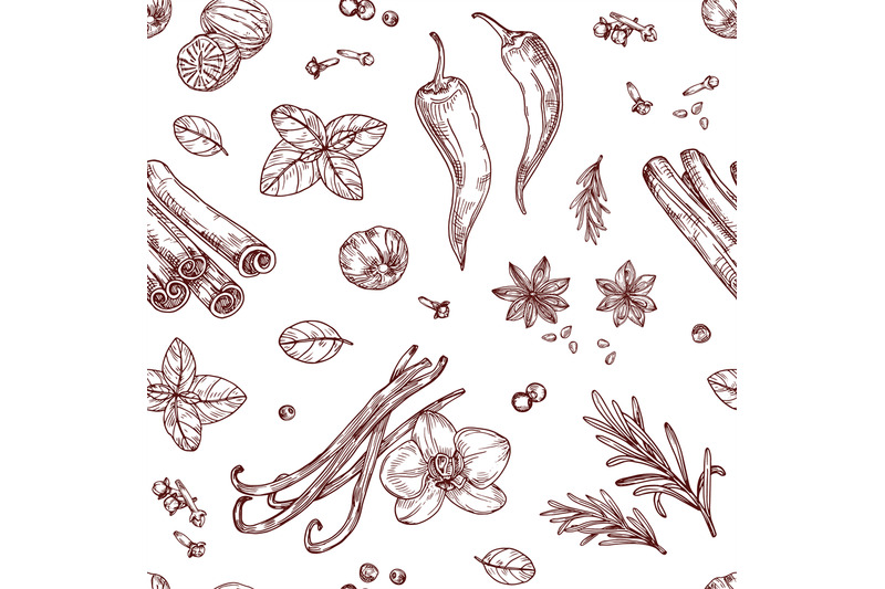 Sketch Spices Seamless Pattern Cooking Herbs And Asian Vegetables Ha By Microvector Thehungryjpeg Com