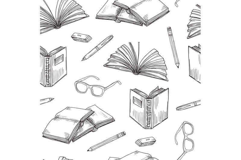 Sketch books seamless pattern. Ebooks reading and writing, school