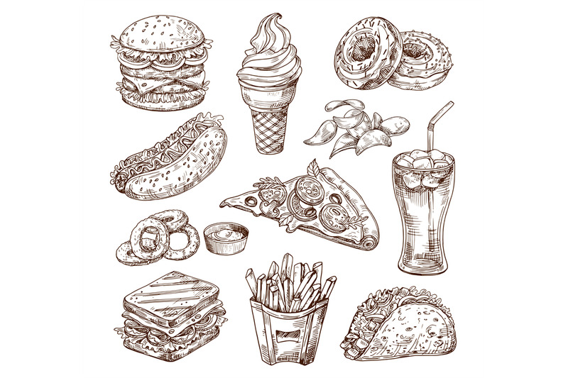 Fast Food Meals and Snacks Sketch Frame, Vectors | GraphicRiver