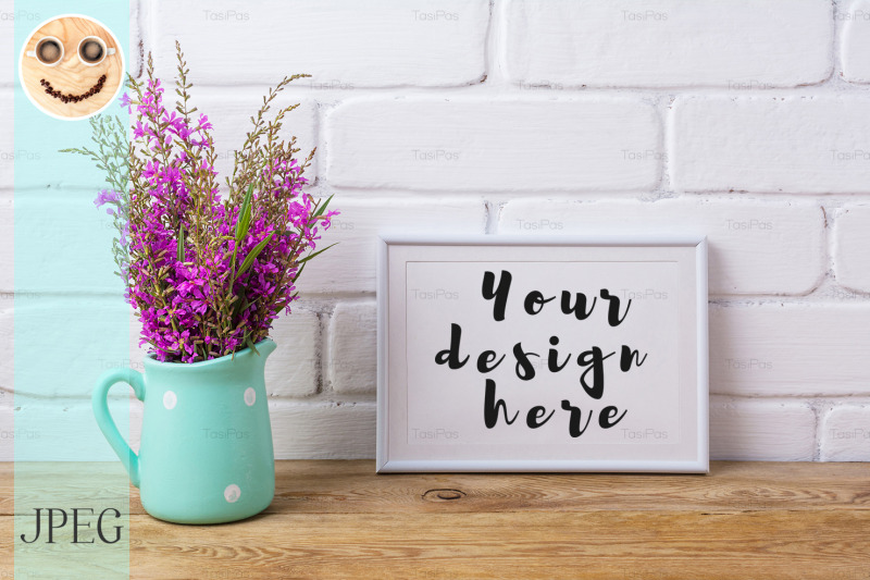 Download White frame mockup with maroon purple flowers in mint ...