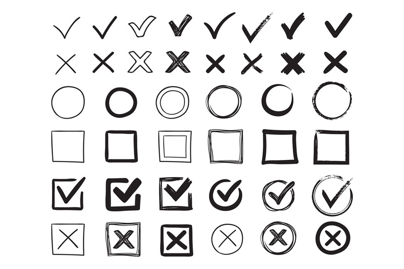 Doodle check marks. Hand drawn checkbox, examination mark and checklis ...