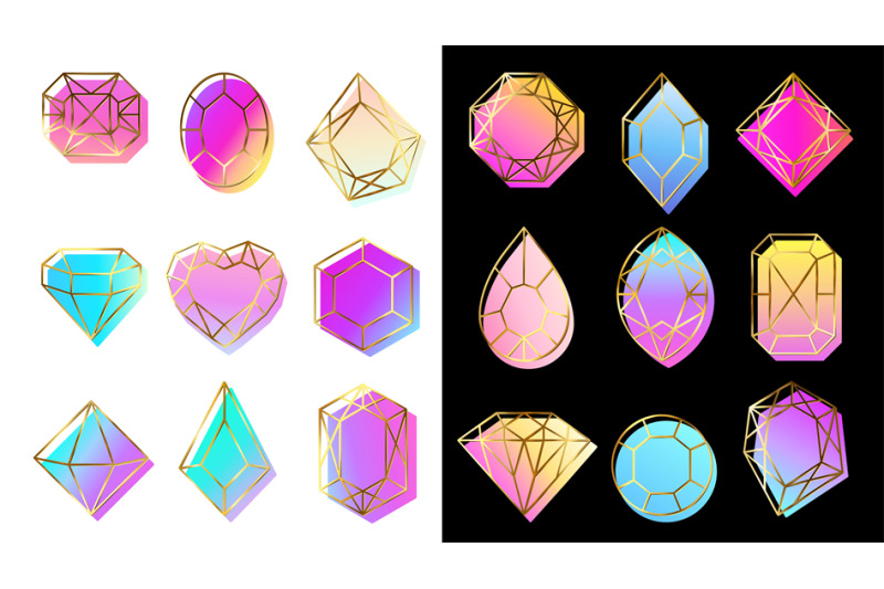 Gems with gradients. Jewelry stone, abstract colorful geometric shapes
