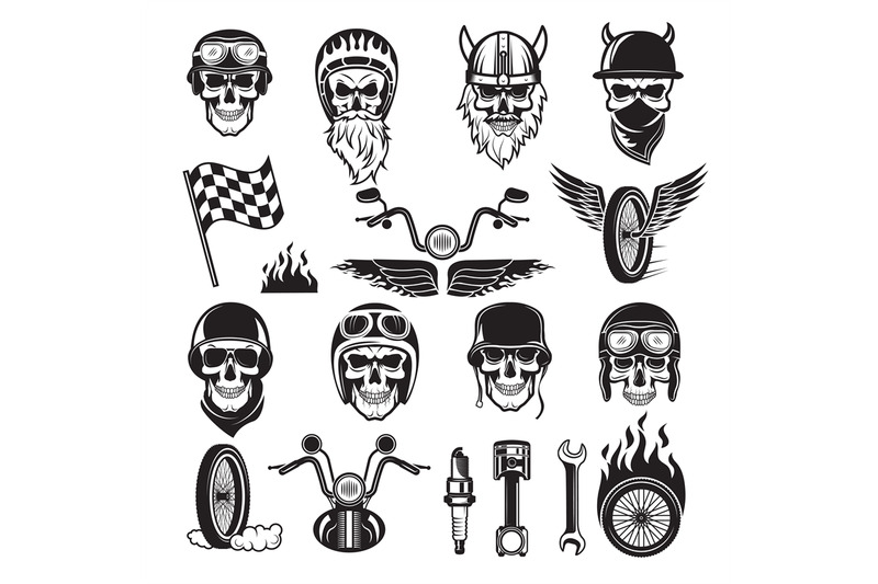 Biker Symbols Skull Bike Flags Wheel Fire Bones Engine Motorcycle Vec By Onyx Thehungryjpeg Com