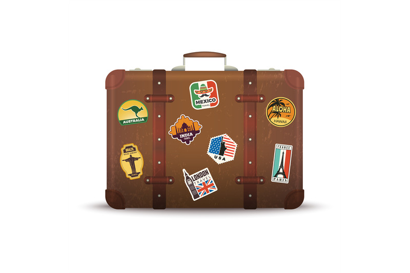 Suitcase stickers. Old retro luggage with travel badges vintage antiqu By  ONYX