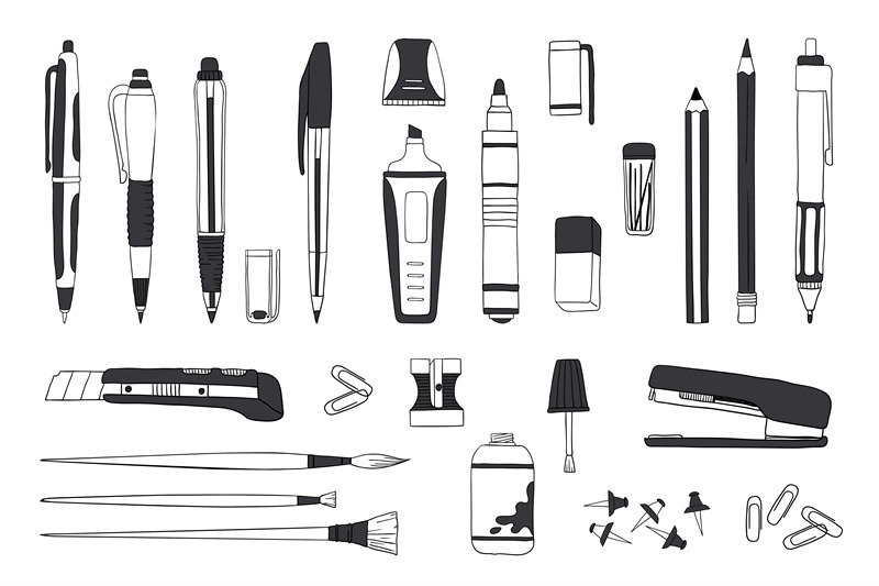 Hand drawn stationery. Doodle pen pencil and paintbrush tools, school By  SpicyTruffel