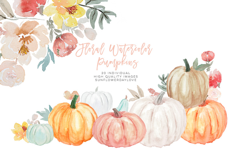 Pumpkin and Floral Watercolor fall clipart, Harvest illustration By ...