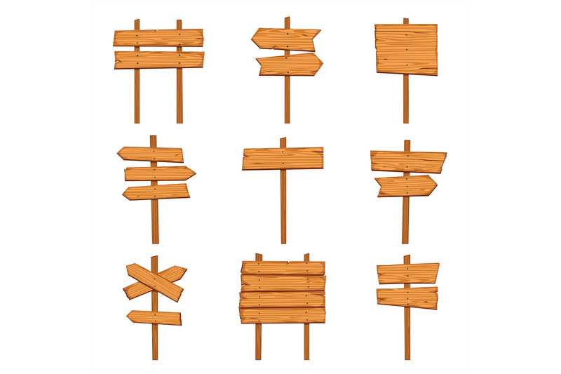 Cartoon wooden arrows. Blank wood signboards and arrow signs