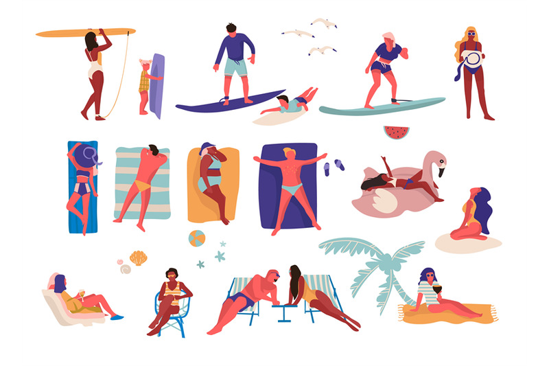 People at beach. Cartoon characters doing summer activities, surfing a By  SpicyTruffel | TheHungryJPEG
