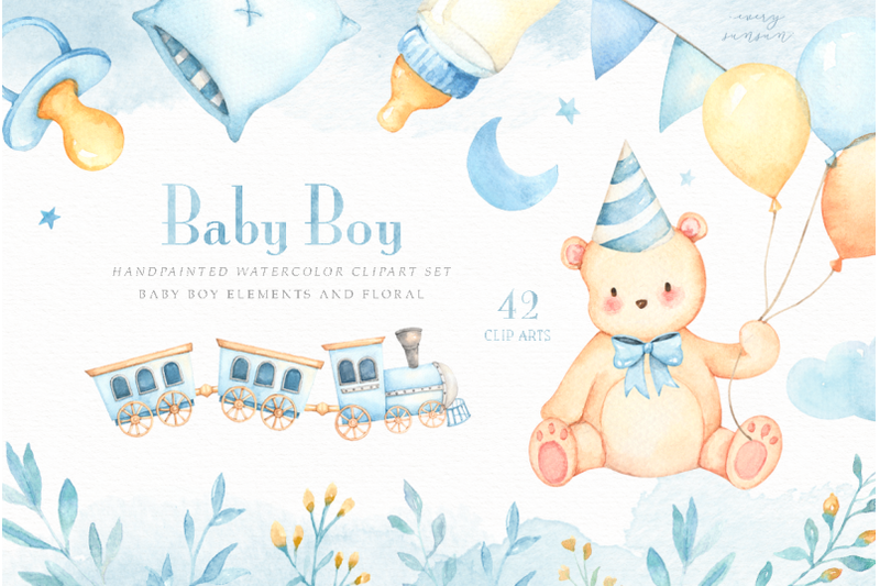 Baby Boy Watercolor Clip Arts By everysunsun | TheHungryJPEG