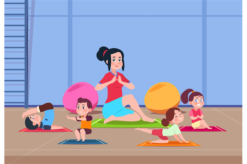 Kids in yoga class. Cartoon children with instructor doing yoga exerci By  Microvector | TheHungryJPEG