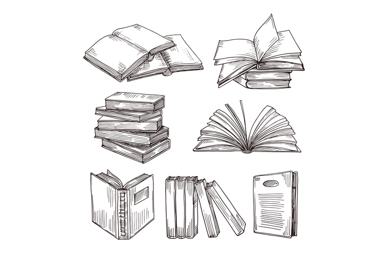 Sketch books. Ink drawing vintage open book and books pile. School