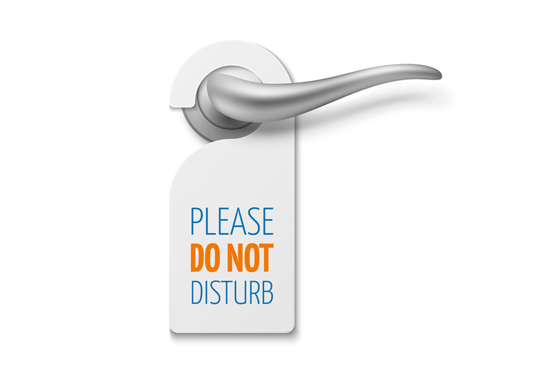 Silver realistic door handle with do not disturb white blank vector si ...