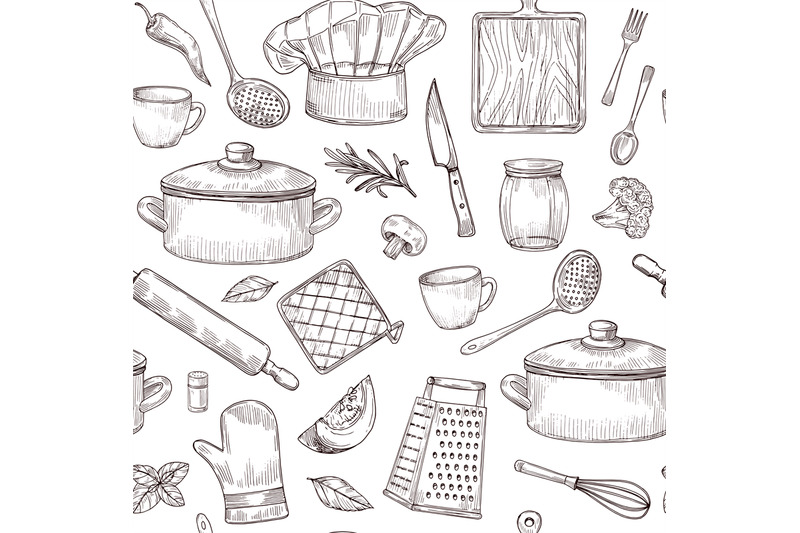 Kitchen utensils or kitchenware sketch