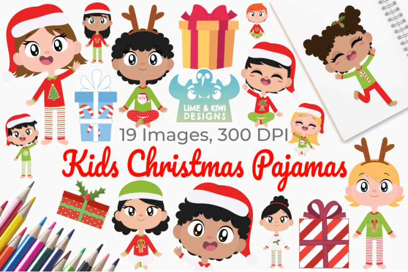 Kids Christmas Pajamas Clipart, Instant Download Vector Art By Lime and Kiwi Designs