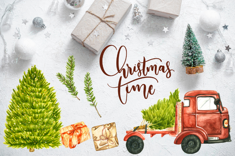 Watercolor Christmas Truck Red Truck With Christmas Tree By Old Continent Design Thehungryjpeg Com