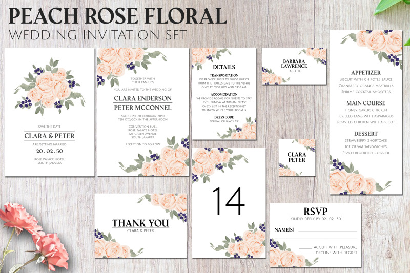 Peach rose floral wedding invitation set By elsabenaa | TheHungryJPEG