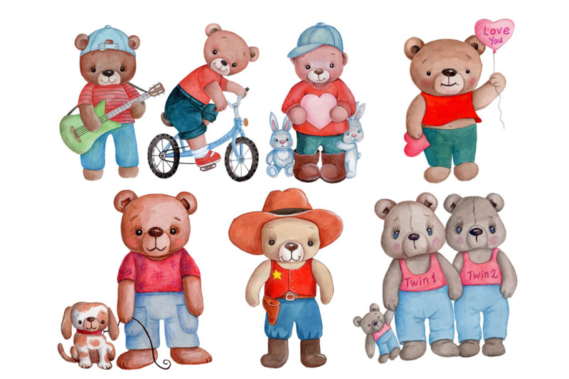 Set of Watercolor Cartoon Teddy Bears By Teddy Bears and their friends ...