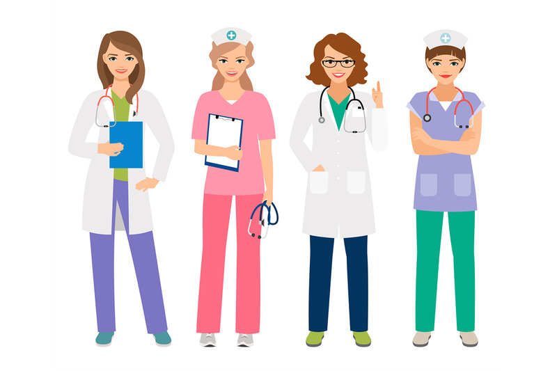 young female doctor and woman nurse characters vector illust