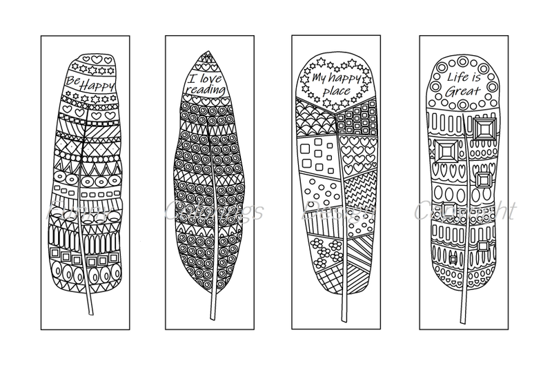 Coloring printable bookmarks feathers, coloring bookmark for adults By