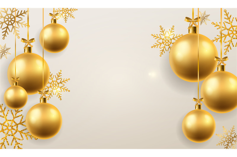 Christmas ball background. Golden xmas tree toys spheres hanging, deco ...