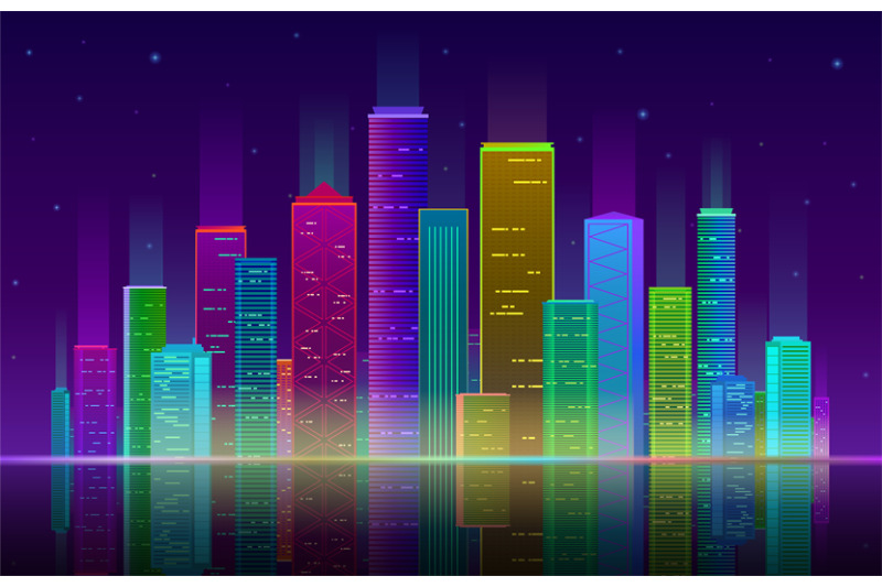 Night city. Futuristic cityscape with bright and glowing neon purple a ...