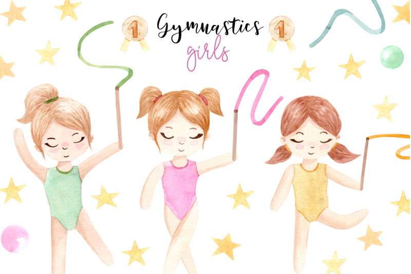 Watercolor Gymnastic Girls. Patterns and Cliparts By Slastick ...