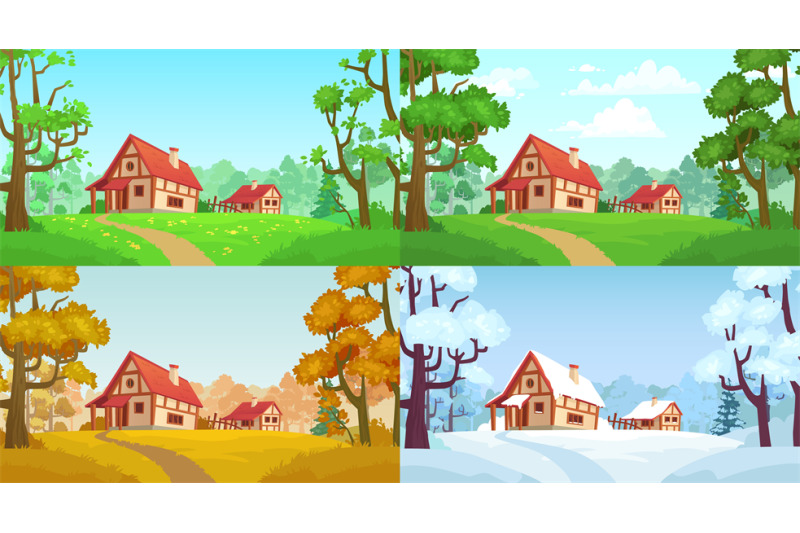 Cartoon house in woods. Forest village four seasons landscapes. Spring By  Tartila | TheHungryJPEG