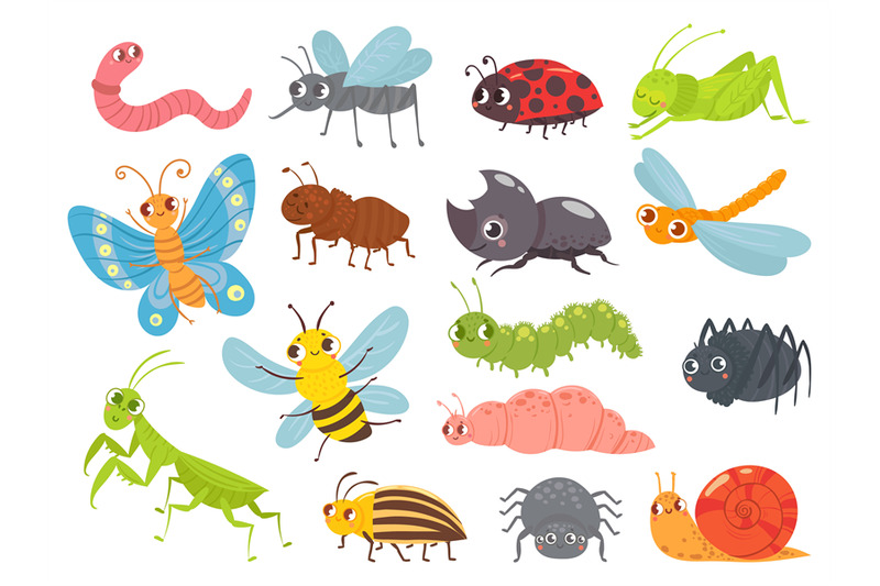 Cute cartoon insects. Funny caterpillar and butterfly, children bugs ...