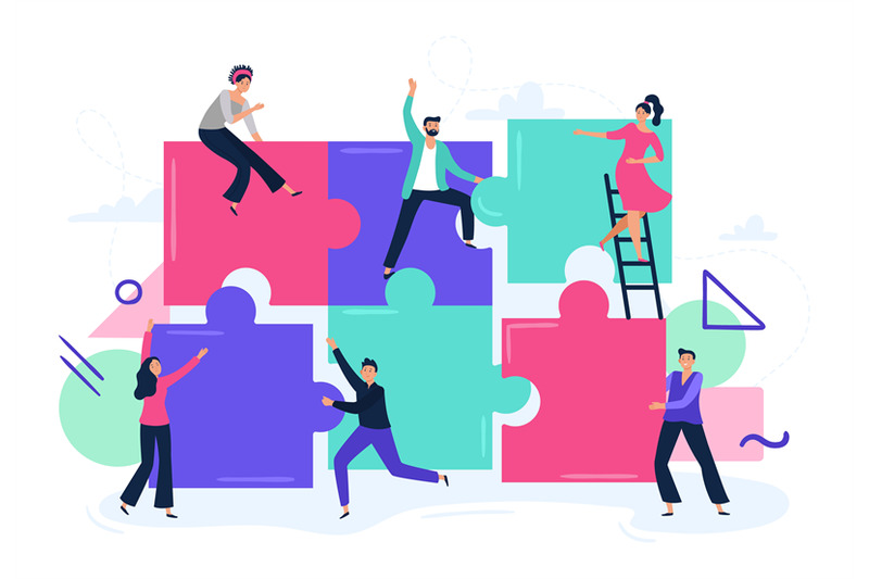 Puzzle teamwork. People work together and connect puzzle pieces, busin ...